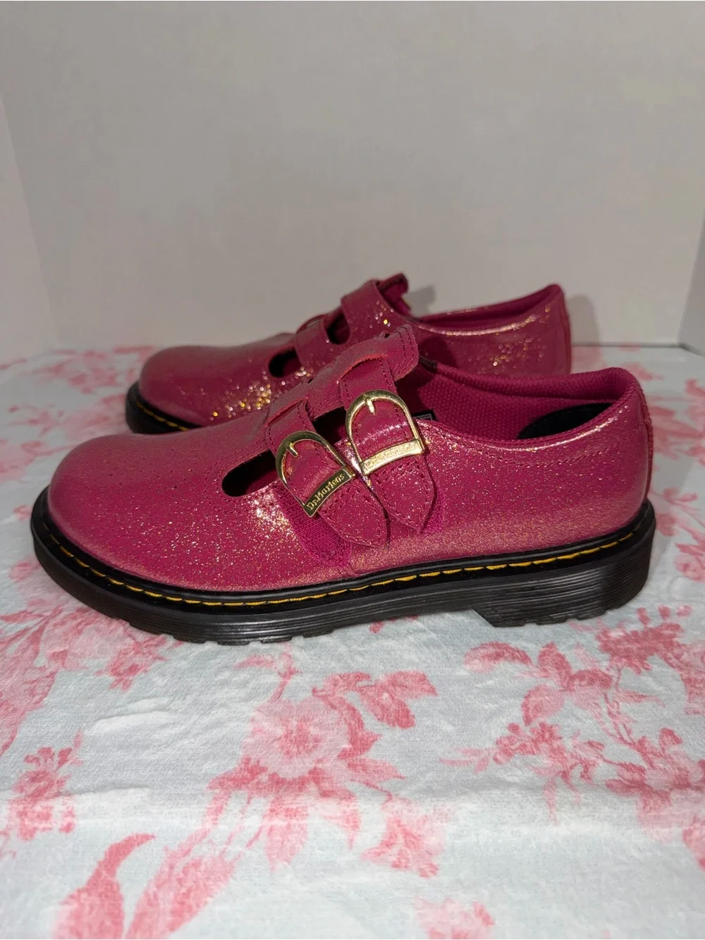 Dr. Martens Kids Glitter Mary Jane Shoes in Hot Pink